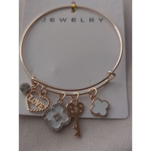 Women's adjustable Gold tone Bangle Bracelet with Gold & White Charms